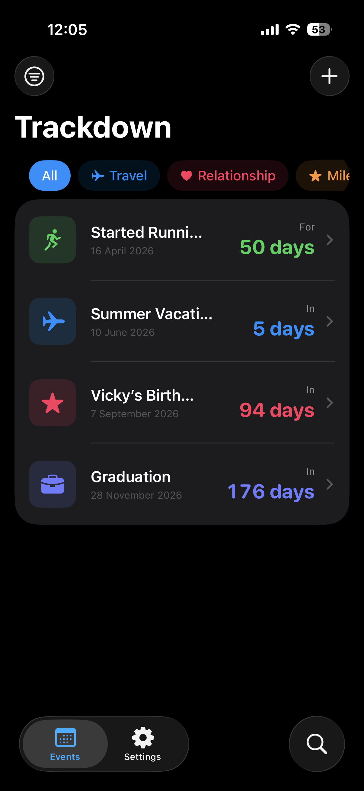 Events list with countdowns sorted by date