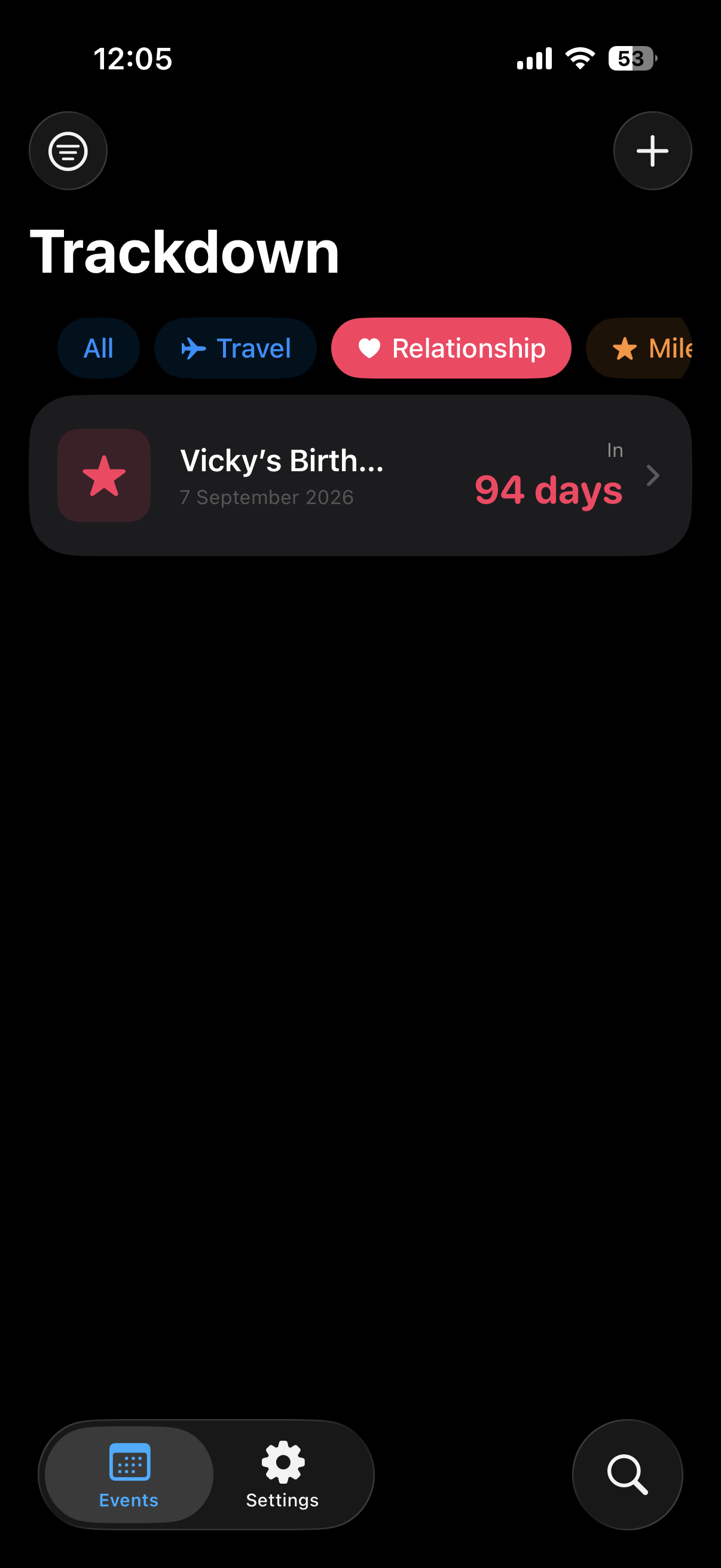 Events list filtered by category
