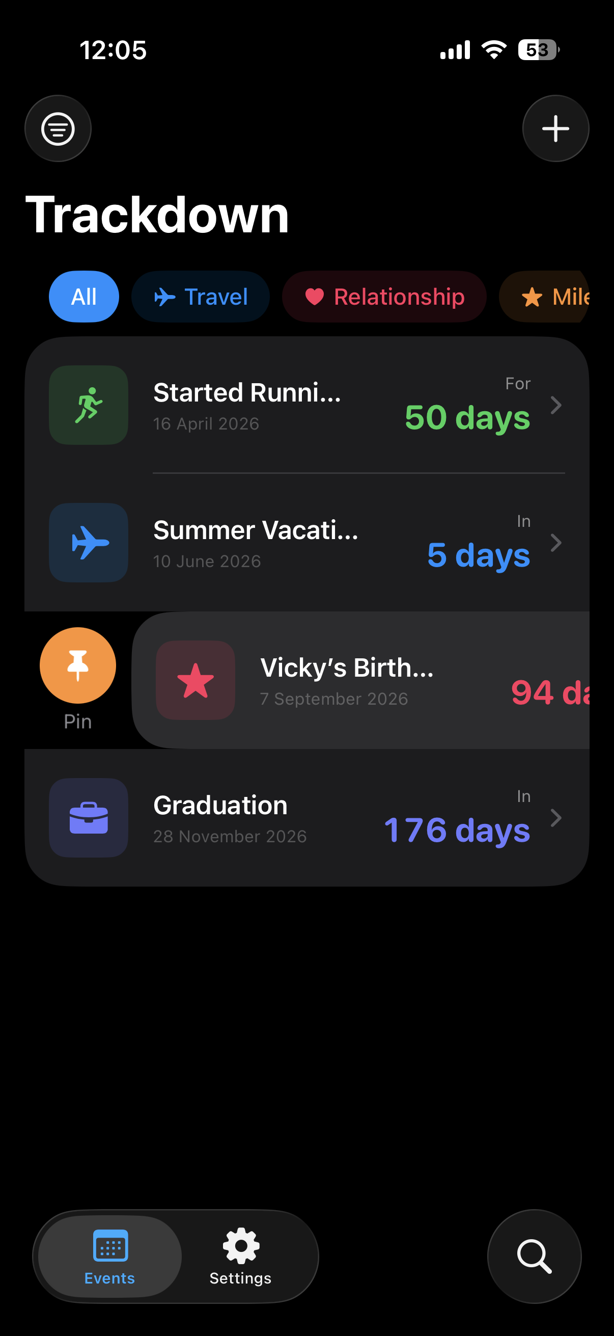 Pinned event at the top of the events list