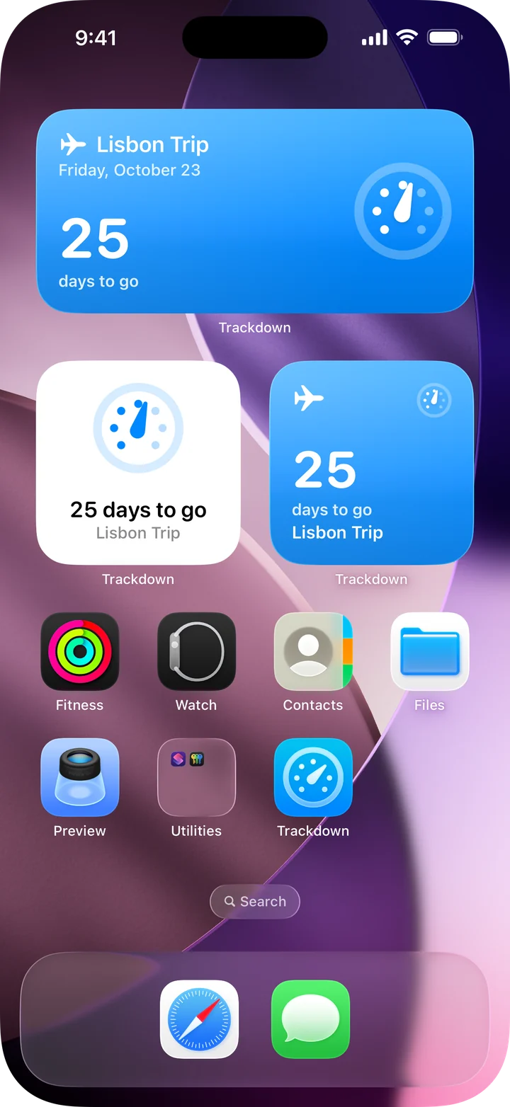 Home Screen with a medium Countdown widget for Lisbon Trip, a Dial widget and a small Countdown widget.