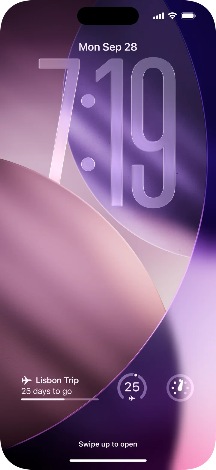 Lock Screen with a Lisbon Trip summary and progress bar, a 25 day gauge, and the dial.
